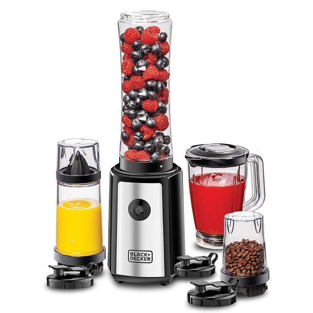 BLACK+DECKER 300W 16 PIECE 4-IN-1 PERSONAL COMPACT SPORTS BLENDER/SMOOTHIE MAKER WITH CITRUS JUICER & GRINDER MILL, SILVER/BLACK - SBX300BCG-B5