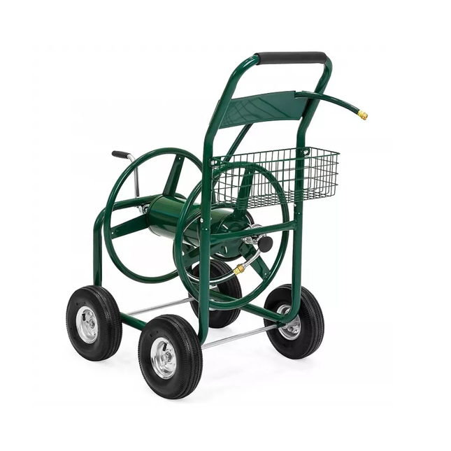 Hose reel cart with wheels and basket