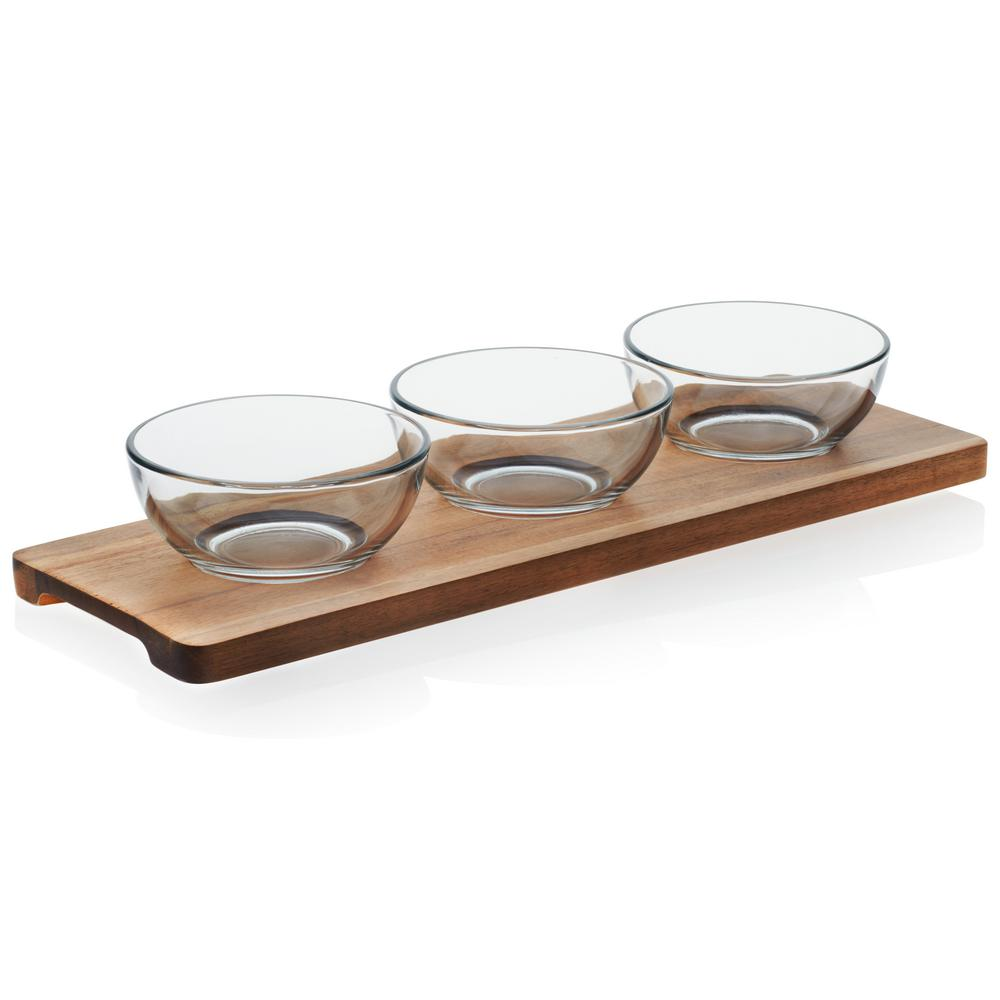 3 GLASS DIP BOWLS WITH WOOD TRAY||وعاء
