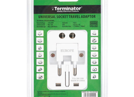 TERMINATOR MULTI PIN TRAVEL ADAPTER WITH UNIVERSAL SOCKET & 2 USB