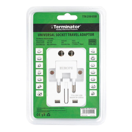 TERMINATOR MULTI PIN TRAVEL ADAPTER WITH UNIVERSAL SOCKET & 2 USB