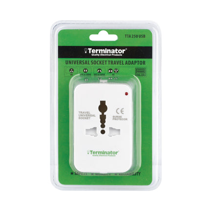 TERMINATOR MULTI PIN TRAVEL ADAPTER WITH UNIVERSAL SOCKET & 2 USB
