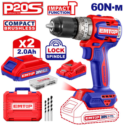 2-piece set: 13mm hammer drill + 20V screw gun, with 2 batteries and charger, Brushless Motor