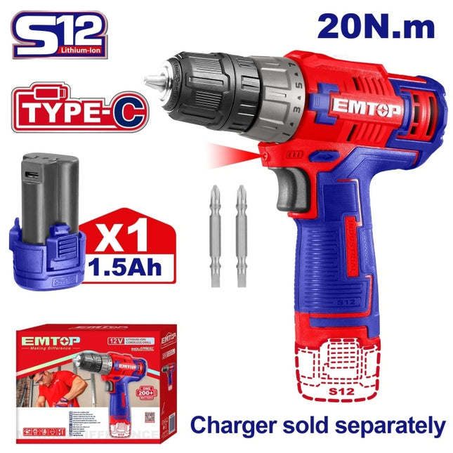 درل شحن مع 1 بطاريه  10 ملم في بكيت 12 V Type-C جديد