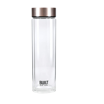 Built Tiempo Insulated Glass Water Bottle, BPA Free Borosilicate Glass / Stainless Steel Flask, Rose Gold, 450ml