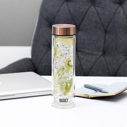 Built Tiempo Insulated Glass Water Bottle, BPA Free Borosilicate Glass / Stainless Steel Flask, Rose Gold, 450ml