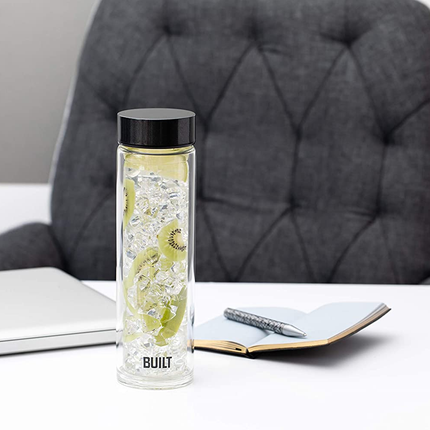 Built Tiempo Insulated Glass Water Bottle, BPA Free Borosilicate Glass / Stainless Steel Flask, Charcoal, 450ml