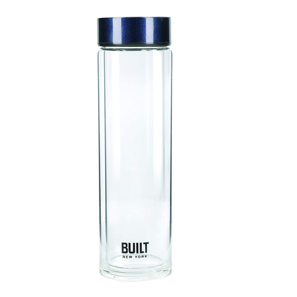 BUILT Tiempo Insulated Glass Water Bottle, BPA Free Borosilicate Glass / Stainless Steel Flask, Midnight Blue, 450ml