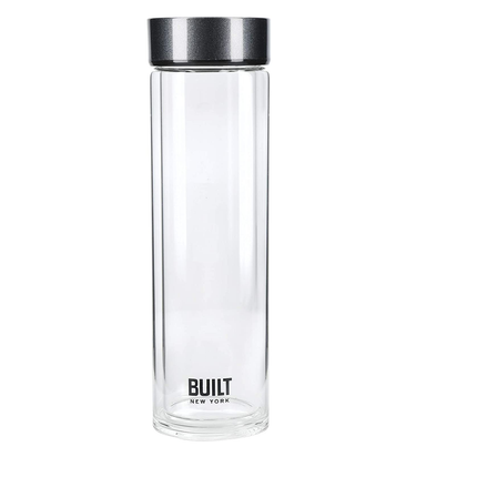 Built Tiempo Insulated Glass Water Bottle, BPA Free Borosilicate Glass / Stainless Steel Flask, Charcoal, 450ml