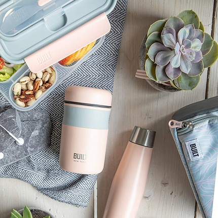 BUILT Double Wall Vacuum Insulated Food Flask for Hot and Cold Foods, Stainless Steel, Pale Pink, 490 ml