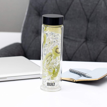 BUILT Tiempo Insulated Glass Water Bottle, BPA Free Borosilicate Glass / Stainless Steel Flask, Midnight Blue, 450ml