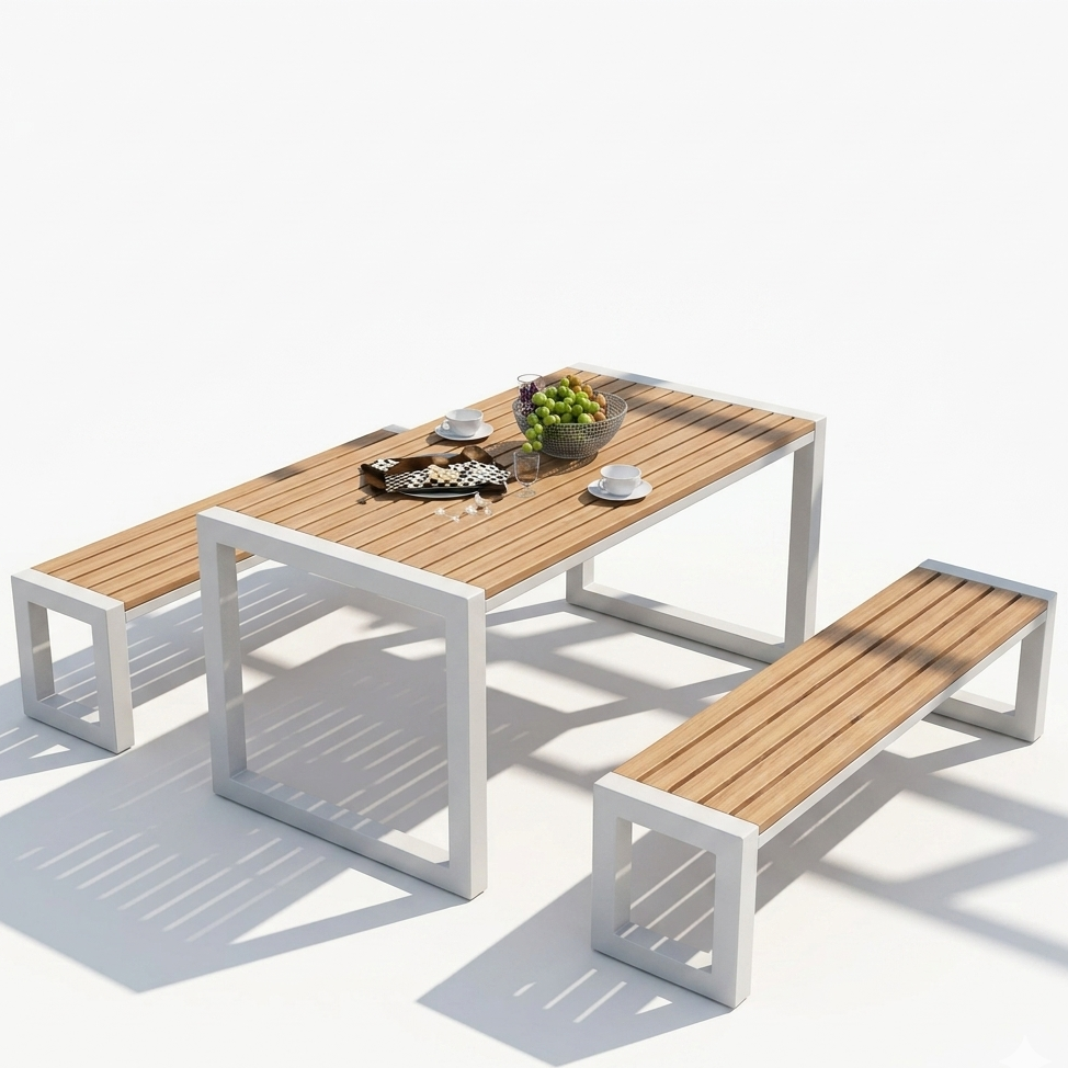 Garden Dining Set Table with 2 Benches (White) Garden Dining Set Table with 2 Benches (White)