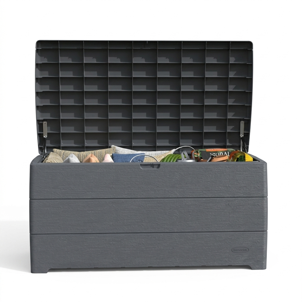 Cosmoplast Woodgrain Deck Box - 270L Storage Capacity - Dark Woodgrain Finish Cosmoplast Woodgrain Deck Box - 270L Storage Capacity - Dark Woodgrain Finish