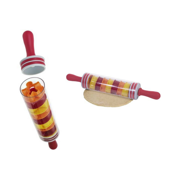 FANTASIA ROLLING PIN AND PLASTIC DOUGH MOLDS, 9 PIECES - 44 CM