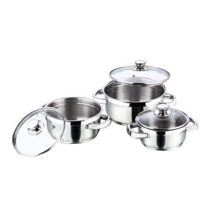 طقم طناجر فينود ستانلس ستيل بريمن مع غطاء زجاجي - 3 قطع - 1 لتر، 1.5 لتر، 2 لتر