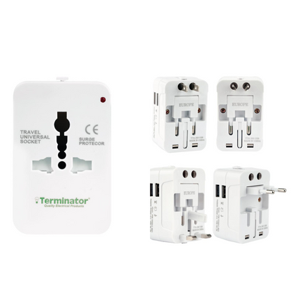 TERMINATOR MULTI PIN TRAVEL ADAPTER WITH UNIVERSAL SOCKET & 2 USB