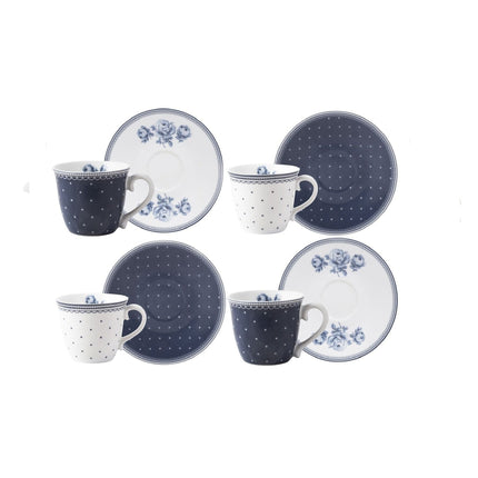 KATIE ALICE VINTAGE INDIGO SET OF 4 ESPRESSO CUPS AND SAUCERS