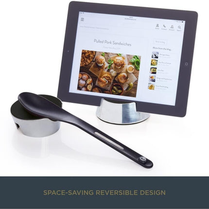 KITCHENCRAFT MASTERCLASS SMART SPACE 2-IN-1 REVERSIBLE TABLET STAND AND SPOON REST, 9.5 X 8 X 4 CM (3.5" X 3" X 1.5") - BLACK / SILVER
