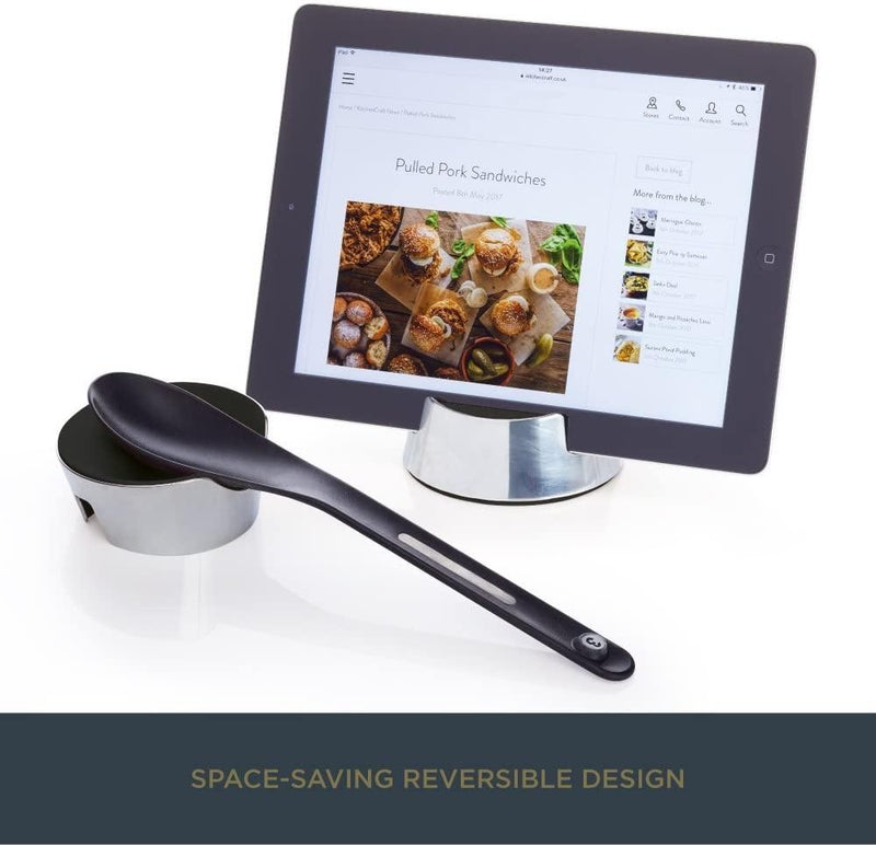 KITCHENCRAFT MASTERCLASS SMART SPACE 2-IN-1 REVERSIBLE TABLET STAND AND SPOON REST, 9.5 X 8 X 4 CM (3.5" X 3" X 1.5") - BLACK / SILVER