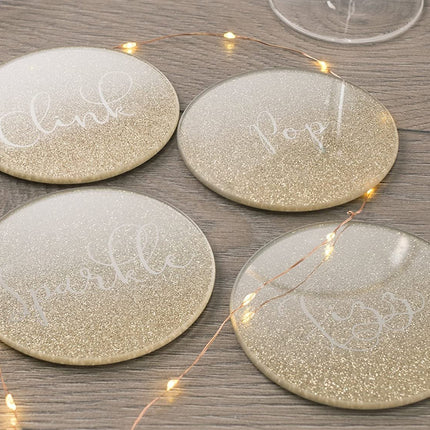 CREATIVE TOPS AVA &amp; I PACK OF 4 GLASS GLITTER COASTERS - FIZZ SPARKLE POP CLINK (β) 