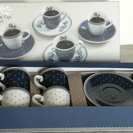 KATIE ALICE VINTAGE INDIGO SET OF 4 ESPRESSO CUPS AND SAUCERS