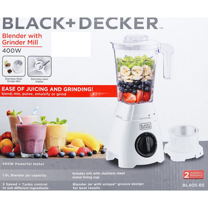 BLACK+DECKER 400W BLENDER WITH GRINDER, WHITE - BL405-B5