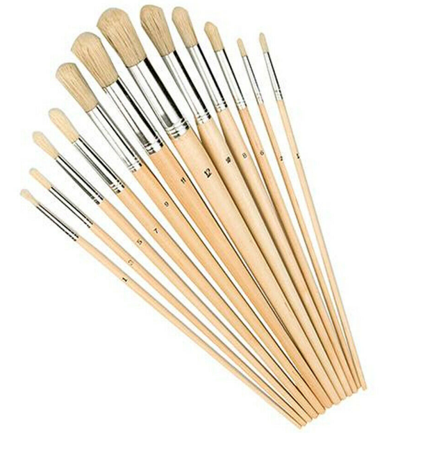12PC ARTIST CRAFT BRUSHES ROUND HEAD WOODEN HANDLES PAINT BRUSHES