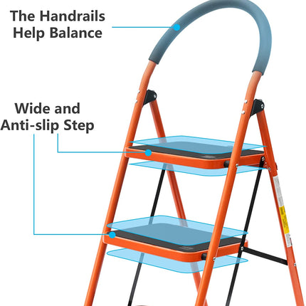 FOLDING 3 STEP LADDER PORTABLE SPACE SAVING LIGHTWEIGHT