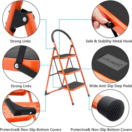 FOLDING 3 STEP LADDER PORTABLE SPACE SAVING LIGHTWEIGHT