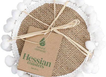 KitchenCraft Natural Elements Hessian Drink Coasters Set , 4 Pack of Woven Jute Mats with Pom Pom Decorations, 15cm NECTHESPK4 medium