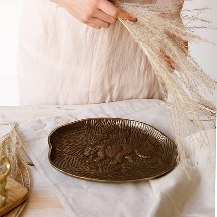 Artesà Oval Serving Platter, Rustic Embossed Metal Plate with Leopard Design, 24 x 21cm