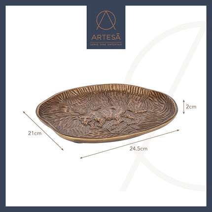 Artesà Oval Serving Platter, Rustic Embossed Metal Plate with Leopard Design, 24 x 21cm
