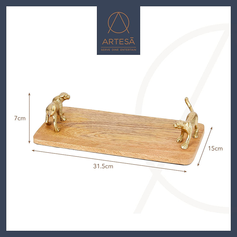 Artesà Rectangular Serving Platter, Mango Wood Board with Leopard Shaped Handles, 32 x 15cm