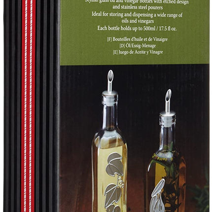 KitchenCraft World of Flavours Decorated Glass Oil and Vinegar Bottles, 500 ml & Stainless Steel Mini Kitchen/Hip Flask Funnel, 5.5 cm (2")