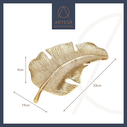 Artesà Gold Palm Leaf Plate, Cast Aluminium Serving Platter with Gold-Coloured Finish, 33 x 18.5cm