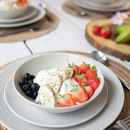 MIKASA SWIRL 12 PIECE DINNER SET WITH EMBOSSED SWIRL FINISH, PORTUGUESE STONEWARE, OFF WHITE DINNERWARE SERVICE FOR 4