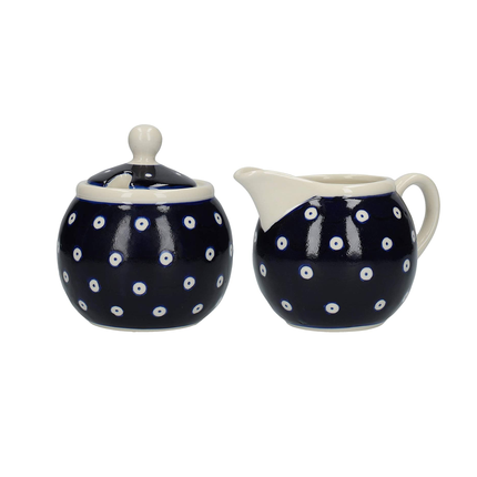 LONDON POTTERY OUT OF THE BLUE MILK JUG AND SUGAR BOWL SET WITH CIRCLES DESIGN, STONEWARE, WHITE / BLUE, 2 PIECES