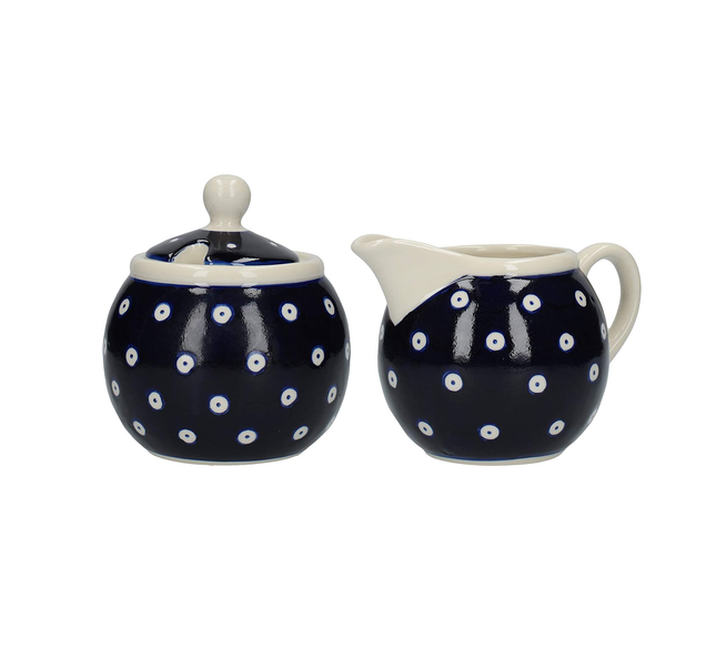 LONDON POTTERY OUT OF THE BLUE MILK JUG AND SUGAR BOWL SET WITH CIRCLES DESIGN, STONEWARE, WHITE / BLUE, 2 PIECES