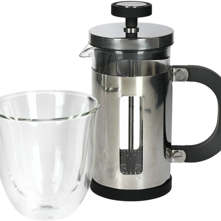 LA CAFETIèRE MINI CAFETIERE GIFT SET WITH DOUBLE WALL COFFEE GLASS & 1 CUP FRENCH PRESS, STAINLESS STEEL / BOROSILICATE GLASS, 2 PIECES IN BOX