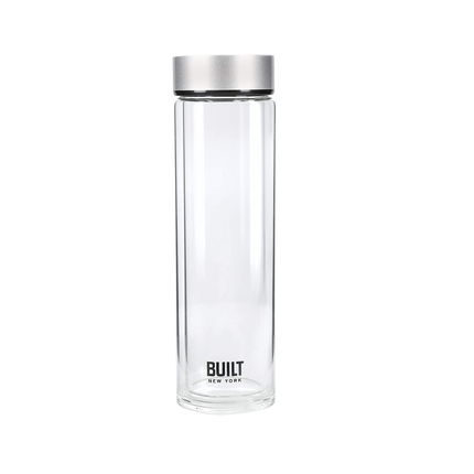 BUILT TIEMPO INSULATED GLASS WATER BOTTLE, BPA FREE BOROSILICATE GLASS / STAINLESS STEEL FLASK, SILVER, 450ML
