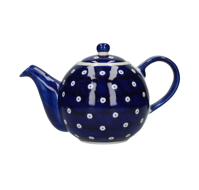 LONDON POTTERY OUT OF THE BLUE GLOBE TEAPOT WITH STRAINER, STONEWARE, NAVY BLUE CIRCLES DESIGN, 4 CUP (900 ML)