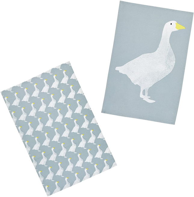 KITCHENCRAFT 'GOOSE' 100% COTTON PRINTED BIRD TEA TOWELS, 70 X 47 CM - GREY / WHITE (SET OF 2)