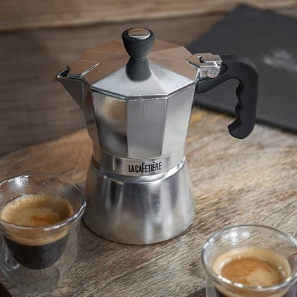 LA CAFETIèRE COFFEE GIFT SET WITH MINI STOVETOP ESPRESSO MAKER & 2 DOUBLE WALL ESPRESSO GLASSES, ALUMINIUM / BOROSILICATE GLASS, 3 PIECES IN BOX