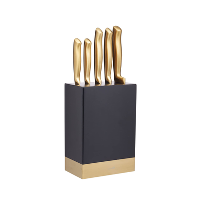 KITCHENCRAFT MASTERCLASS BRASS-COLOURED STAINLESS STEEL KNIFE SET AND KNIFE BLOCK, BRASS/BLACK, 5-PIECE