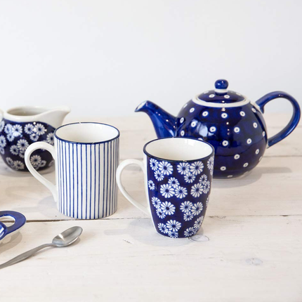 LONDON POTTERY OUT OF THE BLUE TULIP COFFEE CUPS / TEA MUG SET WITH ASSORTED PATTERNED DESIGNS, STONEWARE, NAVY BLUE, 280 ML (4 PIECES)