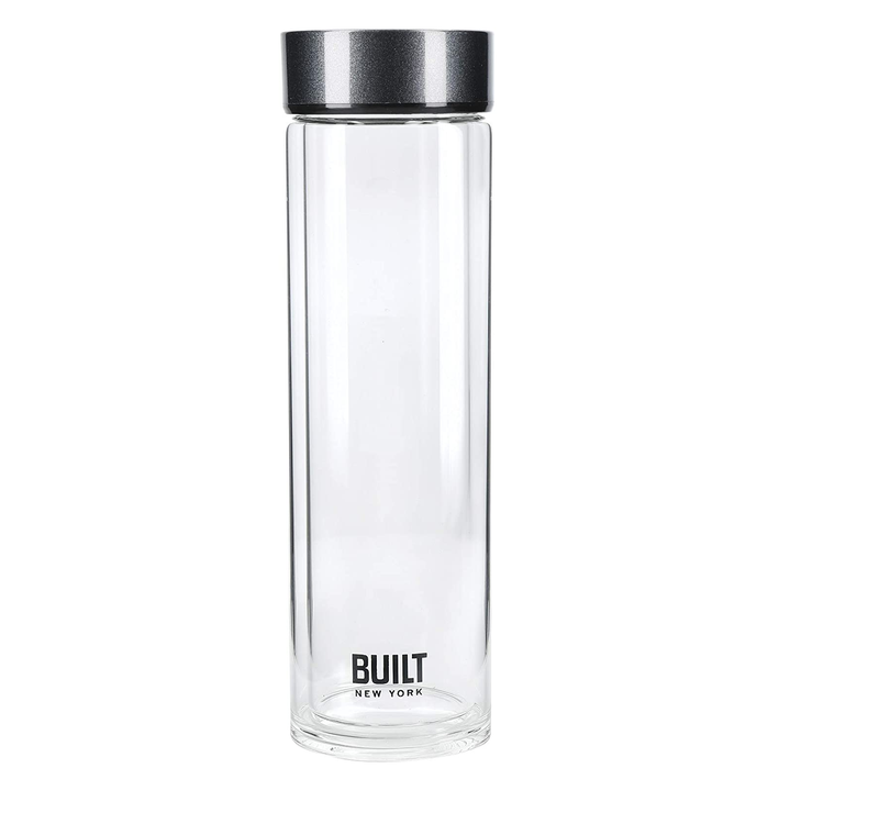 BUILT TIEMPO INSULATED GLASS WATER BOTTLE, BPA FREE BOROSILICATE GLASS / STAINLESS STEEL FLASK, CHARCOAL, 450ML