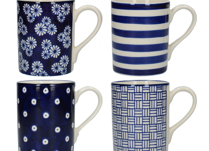 LONDON POTTERY OUT OF THE BLUE TULIP COFFEE CUPS / TEA MUG SET WITH ASSORTED PATTERNED DESIGNS, STONEWARE, NAVY BLUE, 280 ML (4 PIECES)