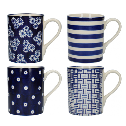 LONDON POTTERY OUT OF THE BLUE TULIP COFFEE CUPS / TEA MUG SET WITH ASSORTED PATTERNED DESIGNS, STONEWARE, NAVY BLUE, 280 ML (4 PIECES)