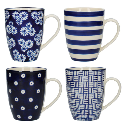LONDON POTTERY OUT OF THE BLUE TULIP COFFEE CUPS / TEA MUG SET WITH ASSORTED PATTERNED DESIGNS, STONEWARE, NAVY BLUE, 280 ML (4 PIECES)