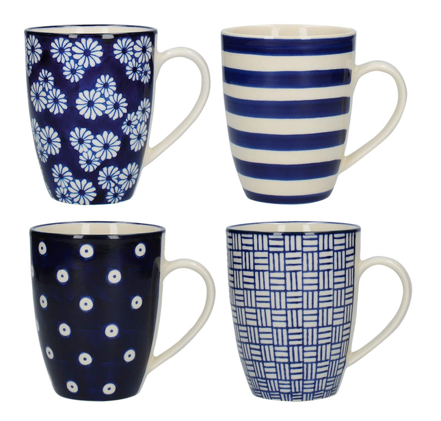 LONDON POTTERY OUT OF THE BLUE TULIP COFFEE CUPS / TEA MUG SET WITH ASSORTED PATTERNED DESIGNS, STONEWARE, NAVY BLUE, 280 ML (4 PIECES)